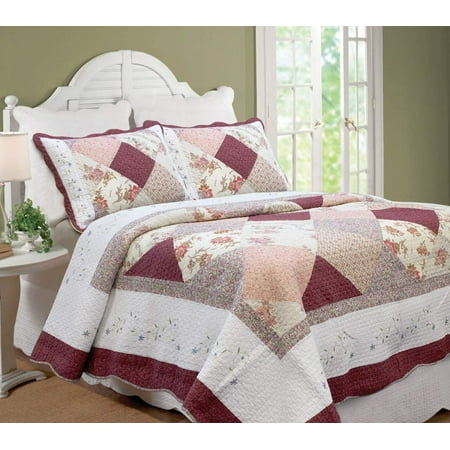 Cozy Line Country Cottage Floral Burgundy Red Scalloped Edge Real Patchwork 100% Cotton 3-Piece Reversible Quilt Set King