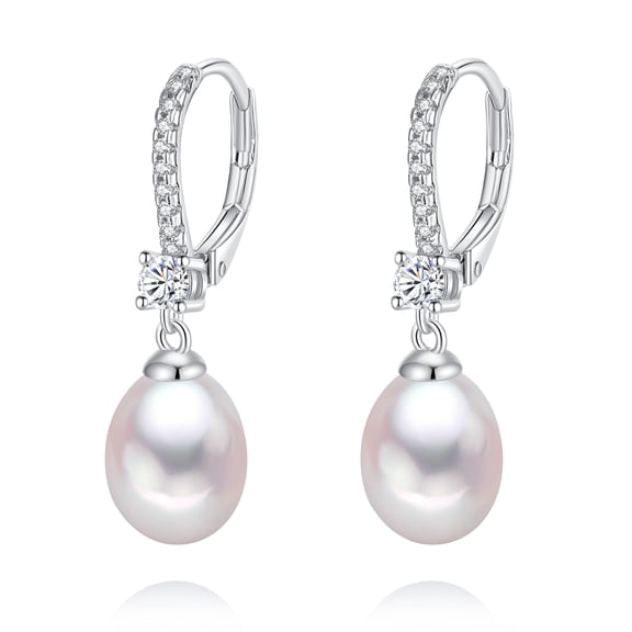 8-8.5mm White Freshwater Cultured Pearl Drop Earrings, 925 Sterling Silver , Cubic Zirconia, Lever Back Jewelry Gift for Women