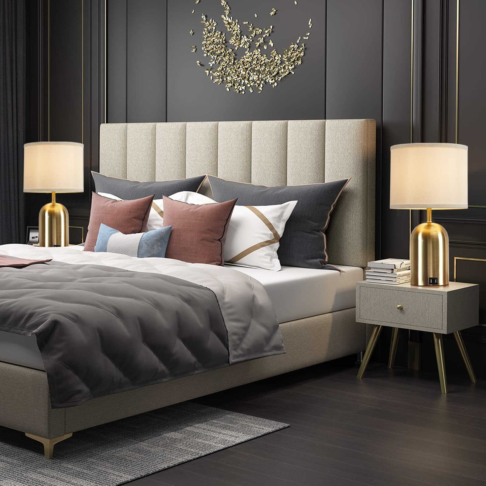 NATYSWAN Touch Control Table Lamps Set of 2, Bedside Table Lamps for Bedrooms Modern Living Room 3 Way Dimmable Gold Bedside Lamp for End Table with 2 USB Charging Ports, 2 Bulbs Included