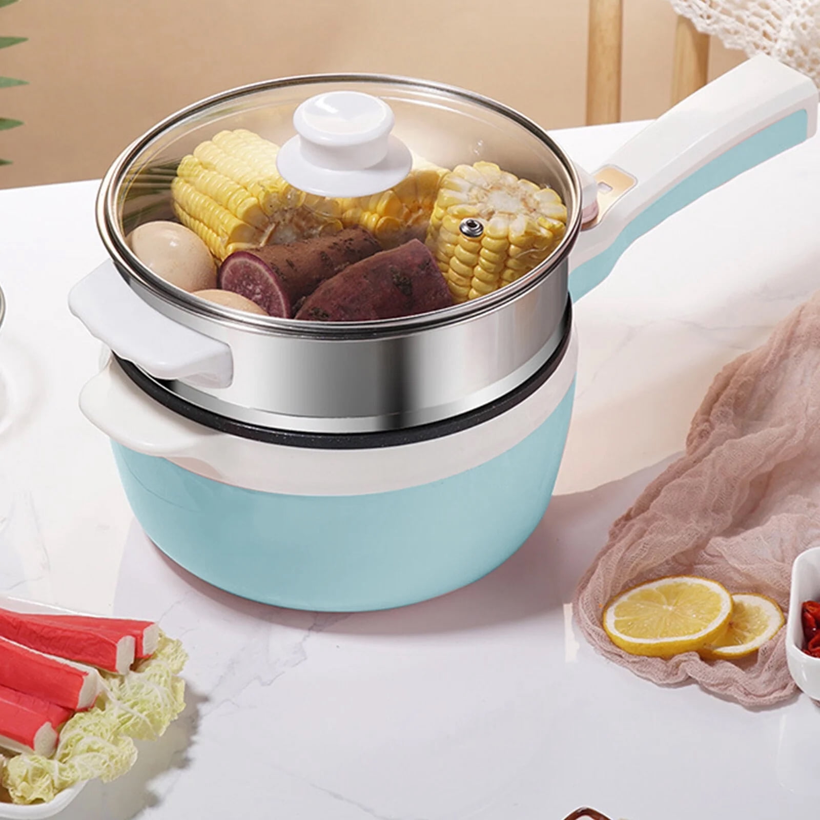 DICEEVIL 1.8L Electric Hot Pot with Steamer, Non-Stick Ramen Cooker Portable Mini Hot Pot with Dual Power Control for Pasta, Dumplings, Soup, Steak, (Rotary Switch) Blue