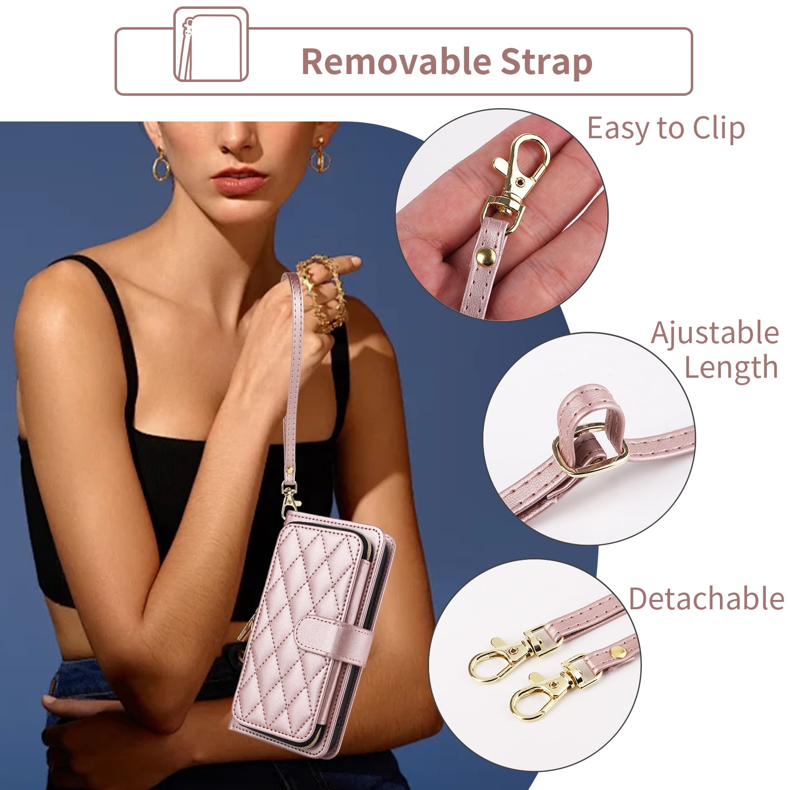 Furiet Argyle Wallet Case for Samsung Galaxy Z Fold 6 5G 2024 with Wrist/Shoulder Strap Card Slot Zipper Purse Luxury PU Leather Stand Cell Phone Cover for ZFold6 Z6 G Fold6 6Z Girls Rose Gold