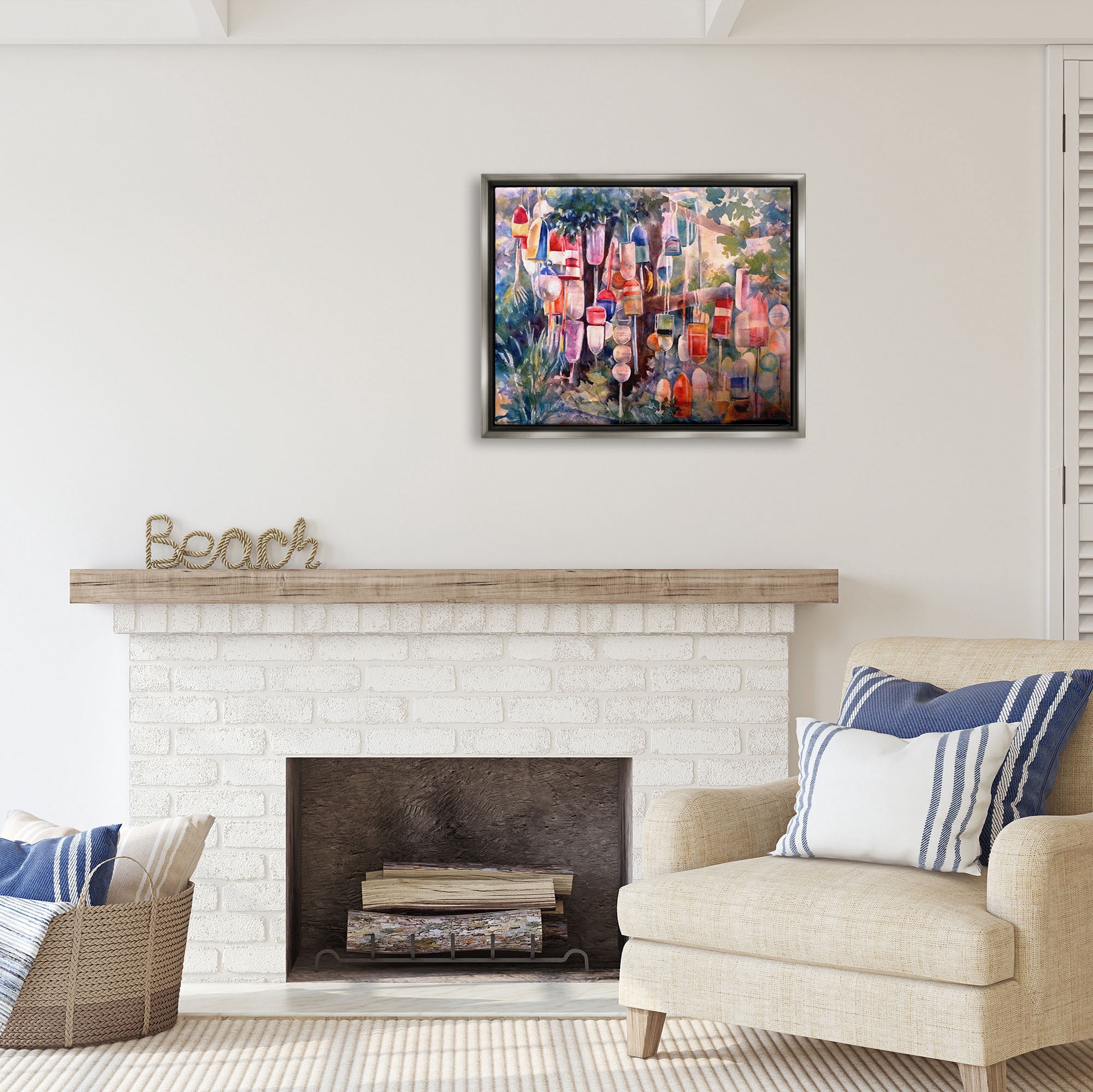 Stupell Industries Maritime Buoys on Tree Nature Painting Gray Floater Framed Art Print Wall Art, 31 x 25