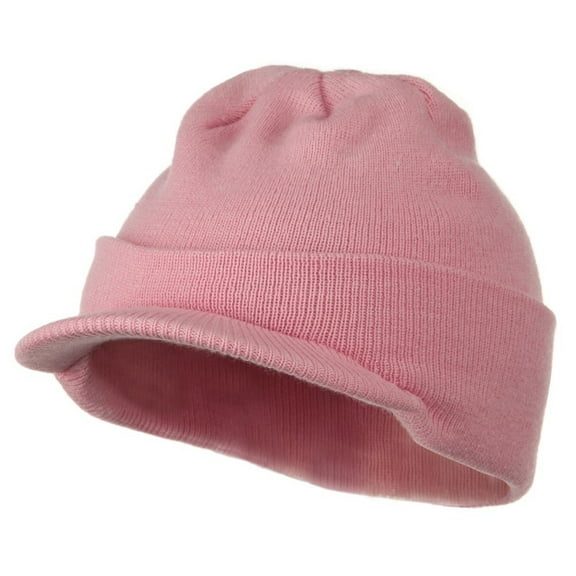 Cuff Knitted Beanie with Visor Bill - Light Pink OSFM