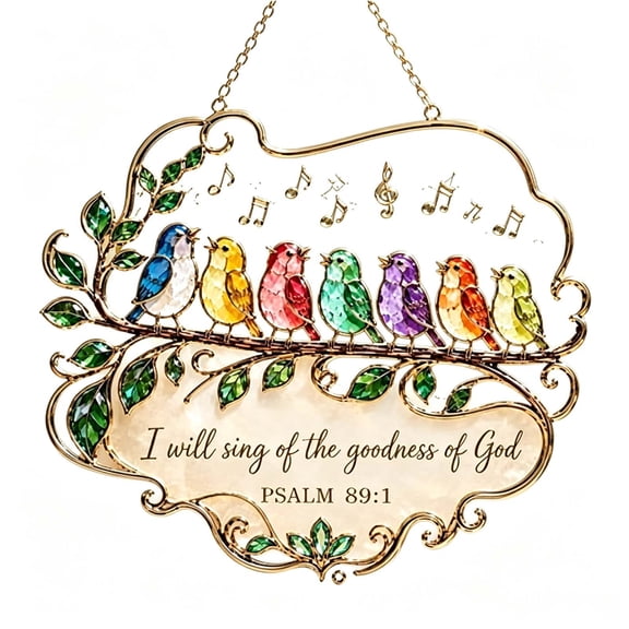 Lypsnake Psalm 89:1 Songbird Window Hanging Suncatcher, Plastic Framed Stained Glass Style Hanging Ornament With 7 Colorful Birds, Inspirational Decor For Porch Wall Window Ornament 7 Christian Gift