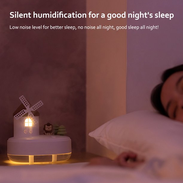 Humidificador de aire de 650 ml, purificador, molino de viento, generador de niebla con luces LED, música (blanco)