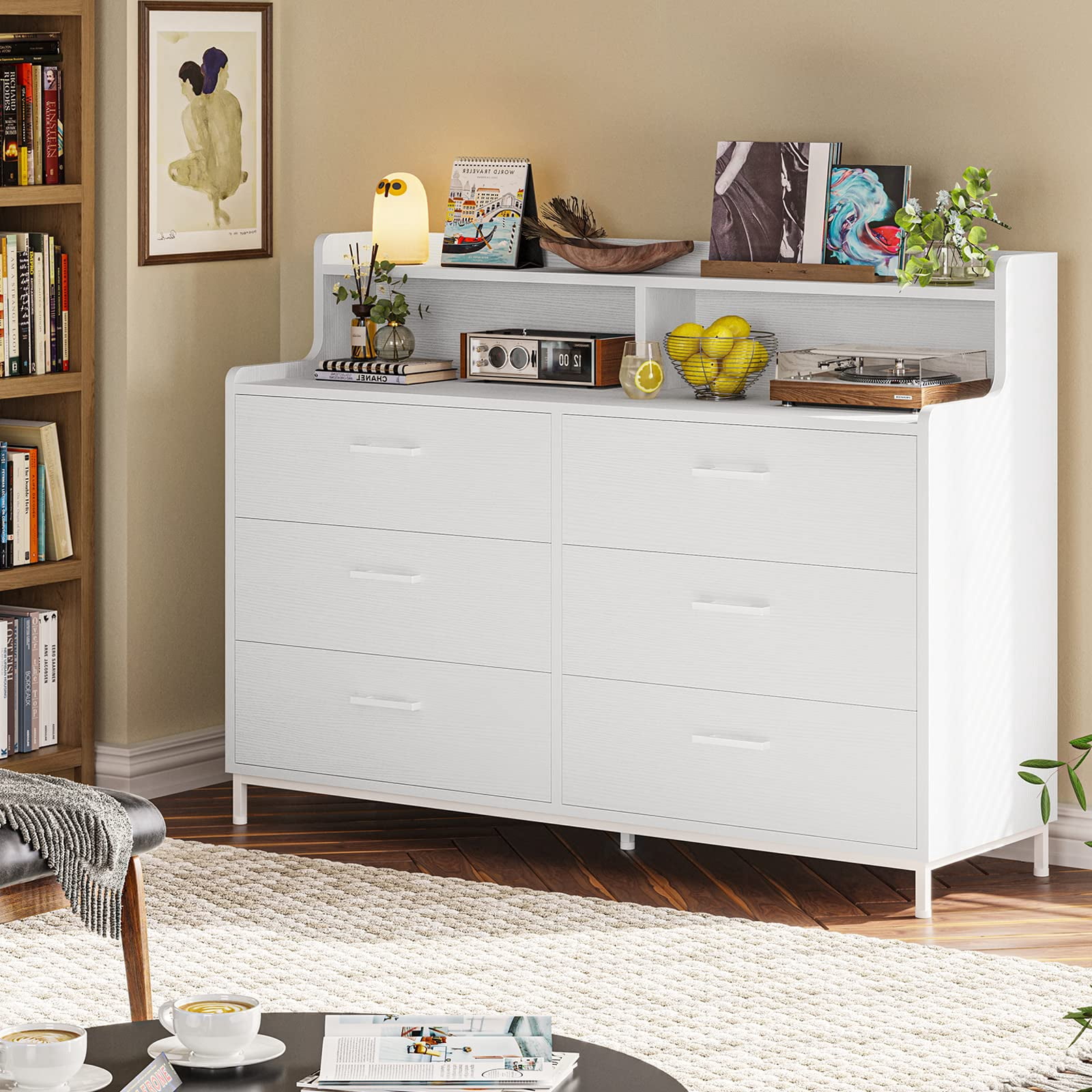 6 Drawers Double Dresser with Shelves for Bedroom, Modern Chest of Drawers Storage Tower Organizer for Living Room Entryway, White