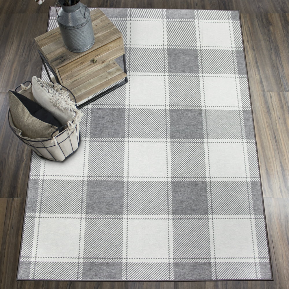My Magic Carpet Machine Washable Area Rug Buffalo Plaid Grey And White 5X7