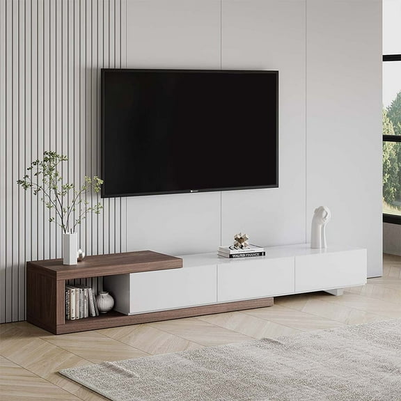 POVISON Modern Retractable Wood TV Stand with 3 Drawers, Open Storage,Walnut and White, 70.86”