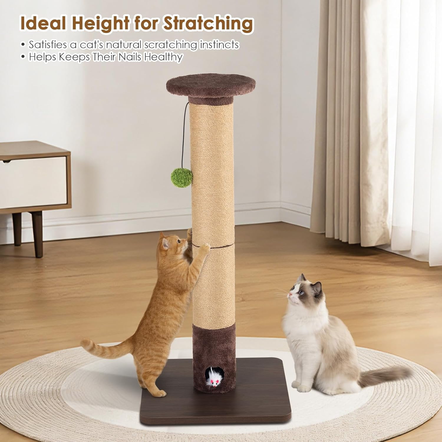 Scratching Post for Indoor Cats Adults – 33." Tall  Sisal Scratcher with Interactive Mouse Hole, Sturdy Furniture Board Base