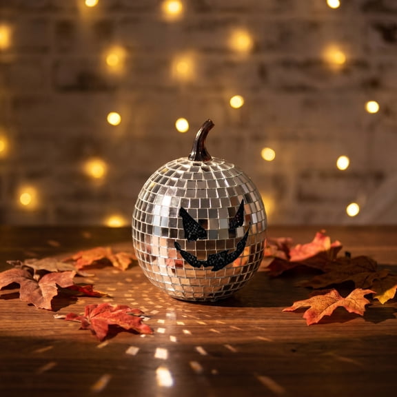 Fall Decor Halloween Retro Mirror Glass Disco Pumpkin Decor Sparkling Light Reflecting Tabletop Centerpiece Glass Tile Pumpkin Ornament for Mantel Window Party