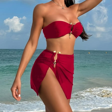 BSDJILFG Bandeau Swimsuits for Juniors Strapless Bikinis High Waisted Triangle Bikini Bottom Underwear Side Split Wrap Cover Up Skirt Clearance