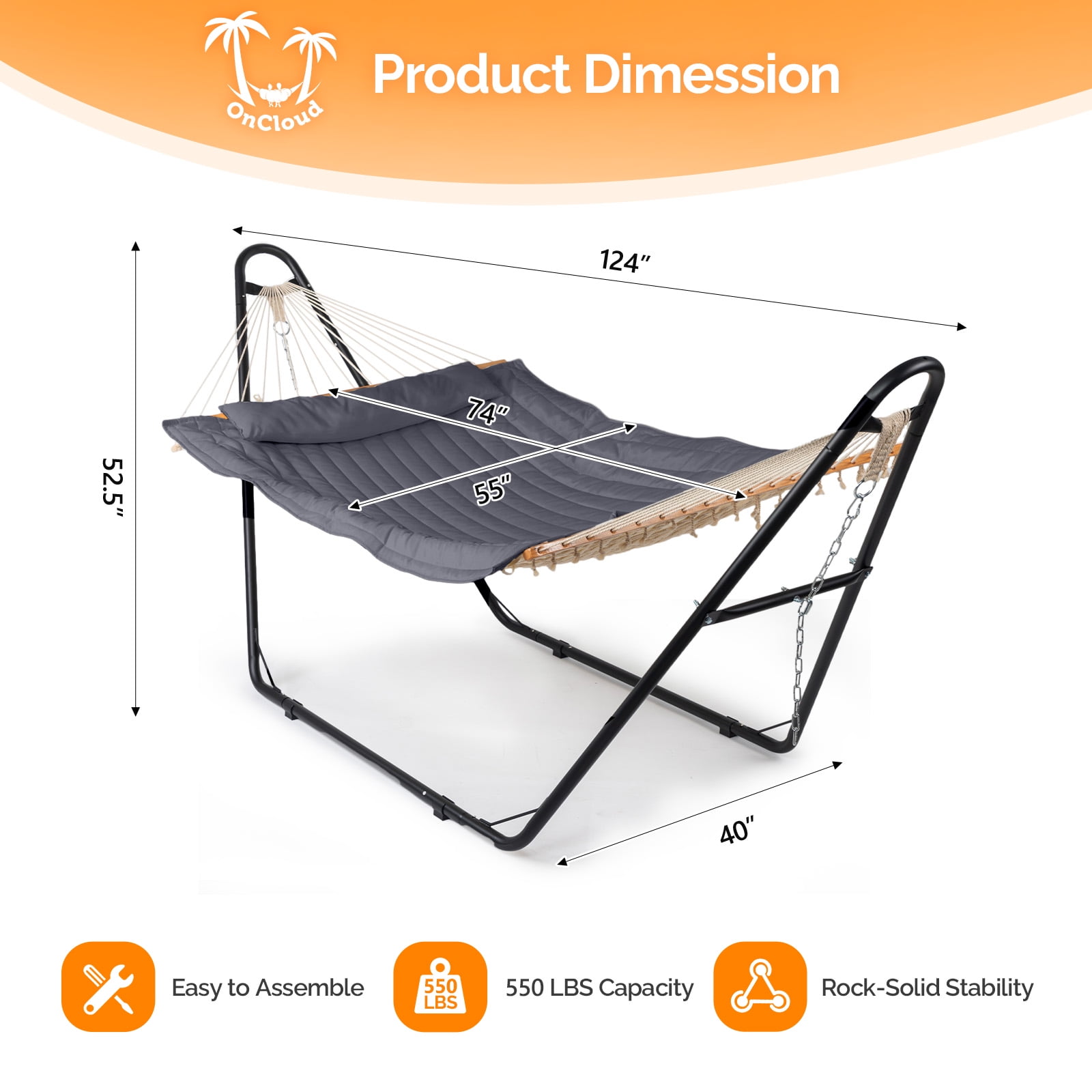 Zimtown Hammock Set, Heavy Duty Double Bar Frame with Quilted Bed & Bottom Storage Net, Gray & Black