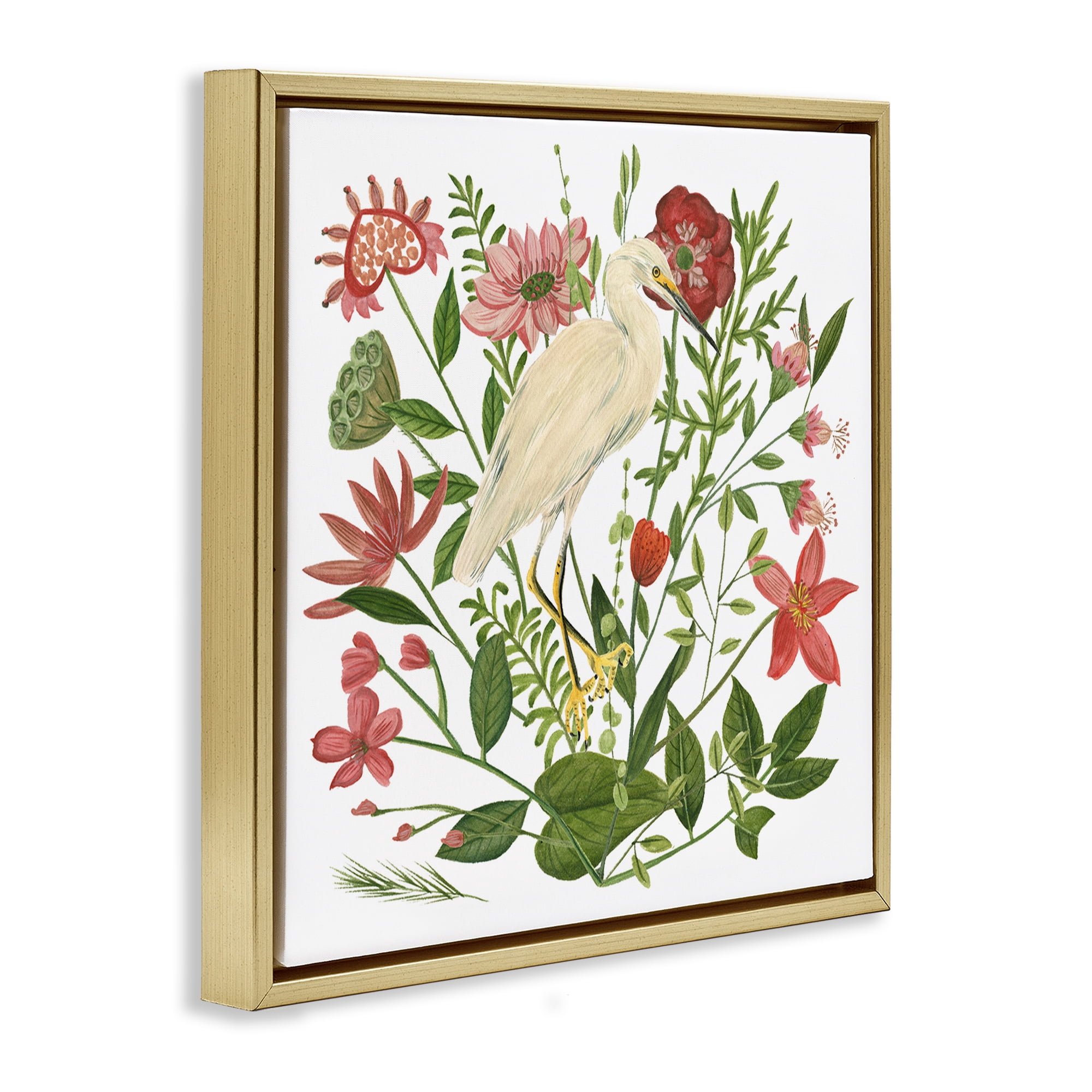 Stupell Industries Nautical Flowers & Egret Landscape Painting Gold Floater Framed Canvas Art Print Wall Art, 25 x 25