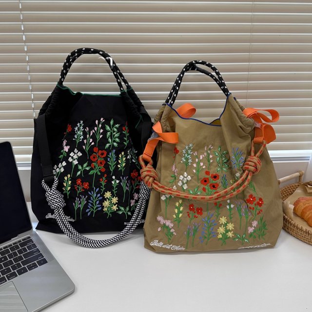 Cadena de bolas de alta gama, parte superior redonda, flores y plantas, bordado, bolsa de protección del medio ambiente, bolsa de compras, bordado de nailon
