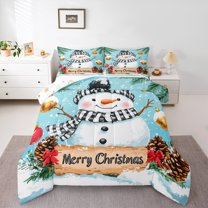 Manfei Christmas Snowman Child Bedding Comforter Set, Rustic Farmhouse Flower Twin Comforter Sets, Winter Western Festival Reversible Bedding Set, Super Cozy Room Decor, 2-Piece