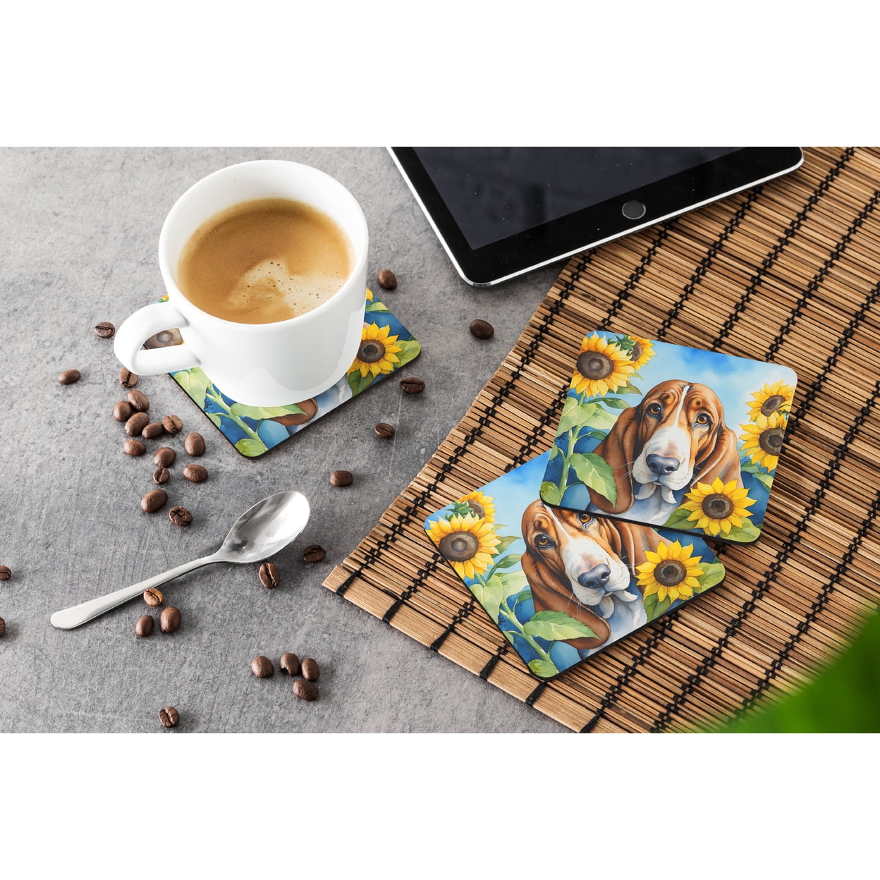 Basset Hound in Sunflowers Foam Coasters 3.5 in x 3.5 in