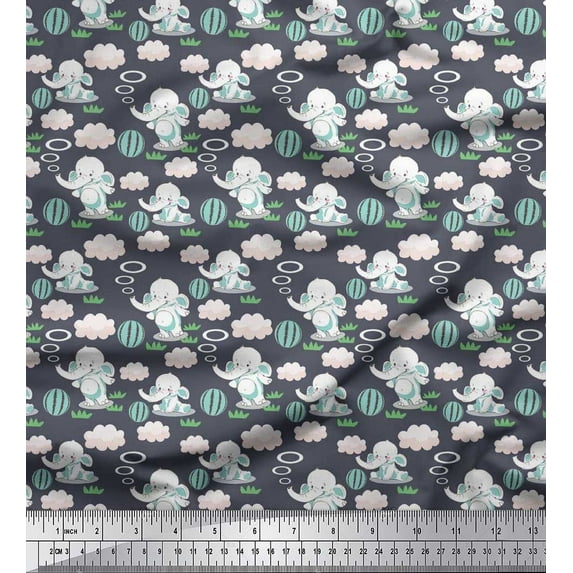 Soimoi Poly Georgette Fabric Cloud,Ball & Elephant Kids Print Fabric by The Yard 42 Inch Wide