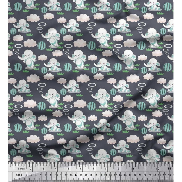 Soimoi Moss Georgette Fabric Cloud,Ball & Elephant Kids Printed Craft Fabric by The Yard 42 Inch Wide