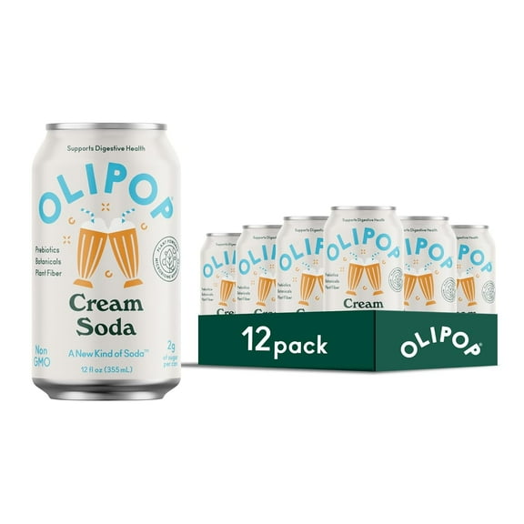 OLIPOP Prebiotic Soda, Cream Soda, 12 fl oz Cans, Sparkling Soft Drink with Fiber, Vegan, Gluten-Free, Non-GMO, 12 Pack