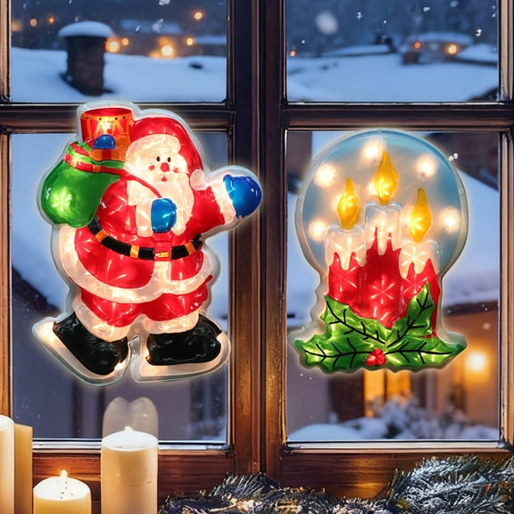 2-Pack Lighted Christmas Window Silhouette Decorations | Candle & Santa Claus Designs | Indoor Decor for Window, Glass Wall