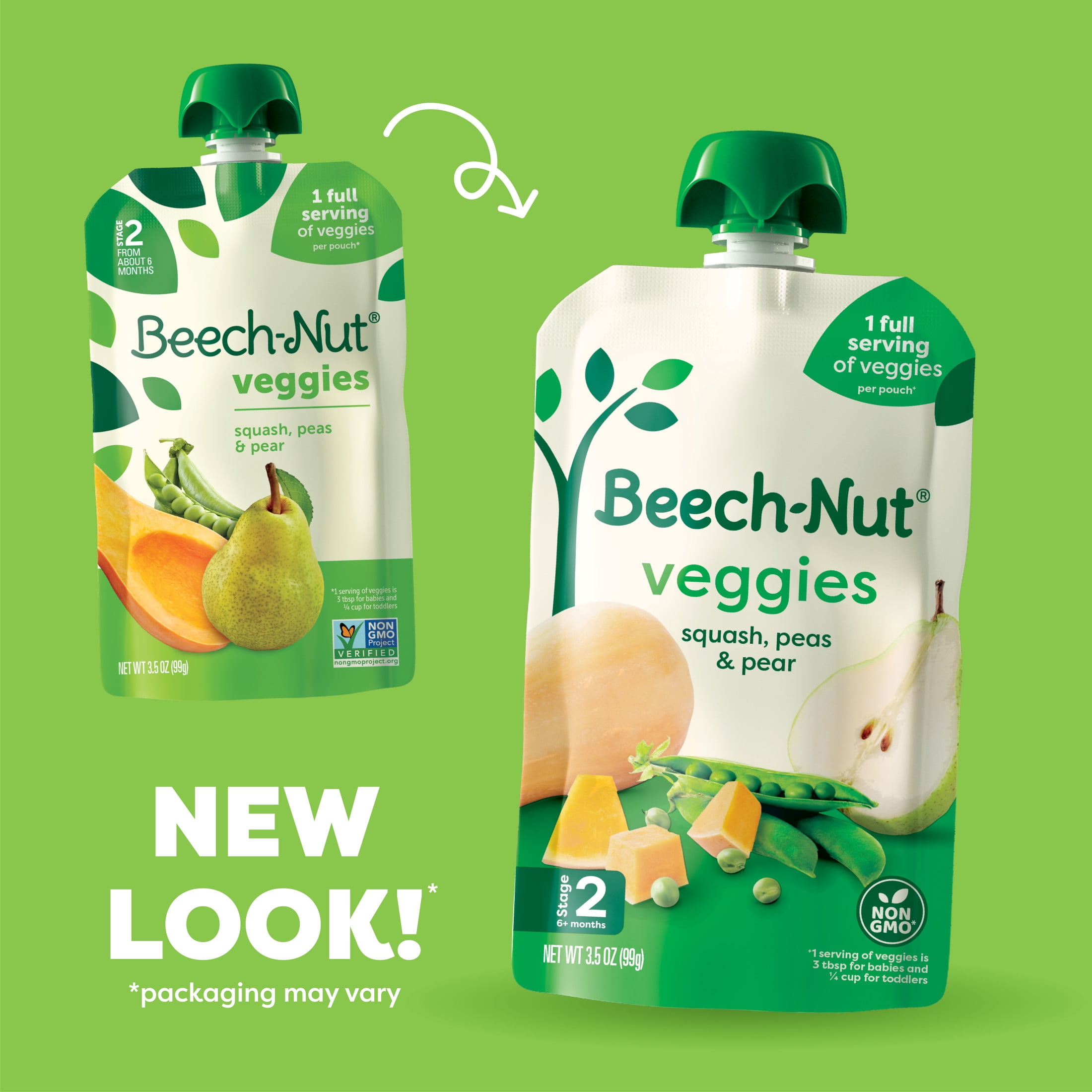 Beech-Nut Veggies Stage 2 Baby Food, Squash Peas & Pears, 3.5 oz Pouch (12 Pack)