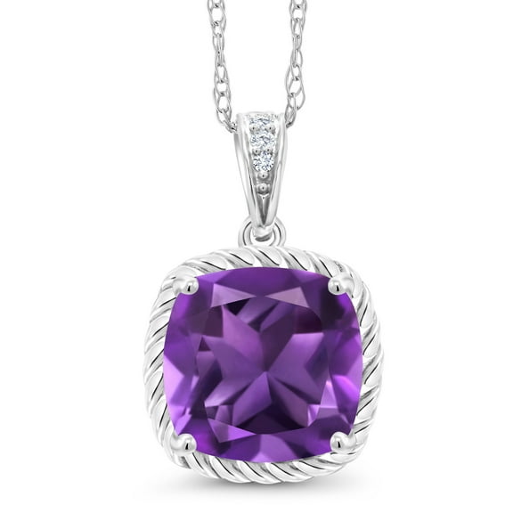 Gem Stone King 10K White Gold 2.07 Ct Cushion Amethyst Diamond Pendant With 18 inch Chain