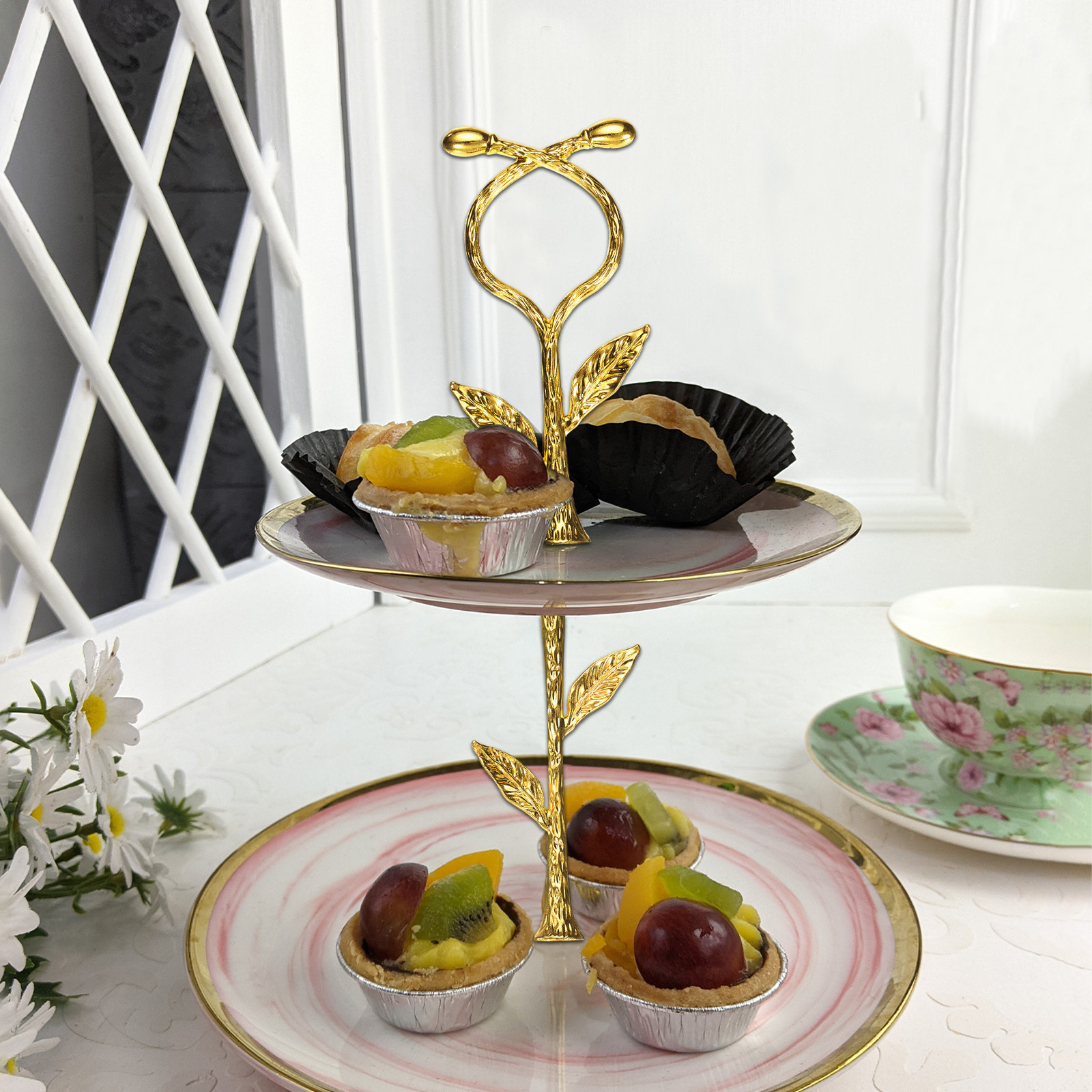 Unique Bargains Elegant Cake Tray Stand Handle Metal for Parties Events Gold