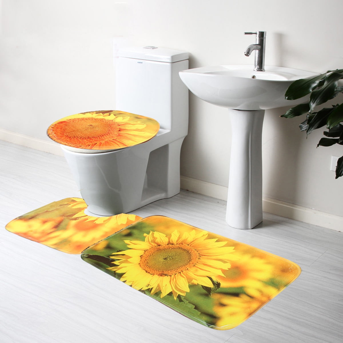 PKQWTM Sweet Husky Puppy Laying Grass Sunflowers Around Her 3 Piece Bathroom Rugs Set Bath Rug Contour Mat and Toilet Lid Cover