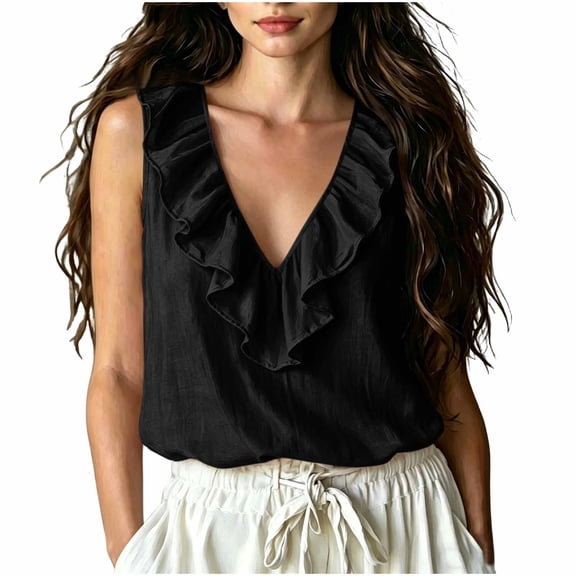 cocolona Summer Tank Tops for Women Ruffle V Neck Sleeveless Shirts Trendy Casual Solid Color Blouses