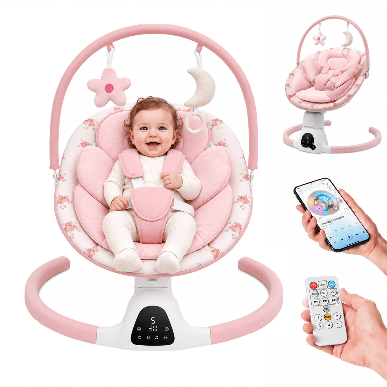PRVAETU Baby Swing for Infants,5 Speeds,10 Lullabies,5-Point Harness,Electric Rocking Chair for Toddlers with Bluetooth,Remote Control,Touch Panel,Pink Flower