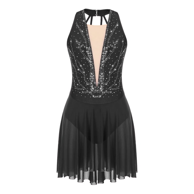 CHICTRY Robe de Costume de Danse Lyrique pour Femmes à Blocs de Couleur Sans Manches Asymétrique Contemporaine Ballet Moderne Costumes de Danse R0884 Noir TTG