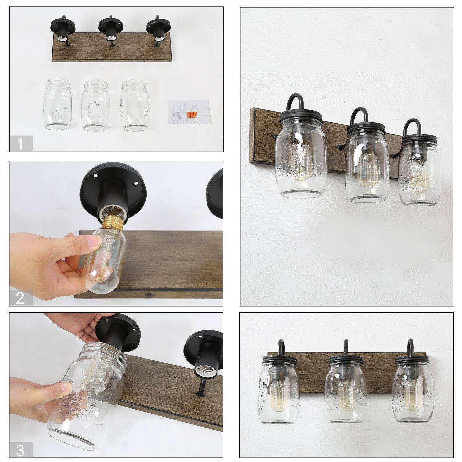 LNC Farmhouse Mason Jar Vanity Light, 3-Light Wood & Black Wall Fixture for Bathroom