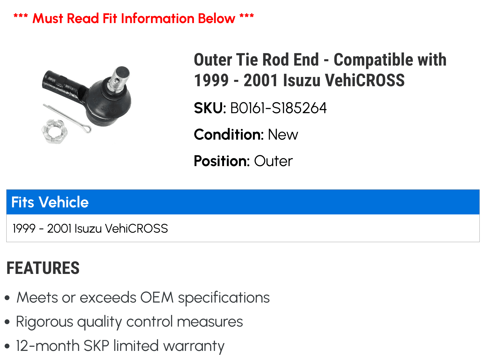 Outer Tie Rod End - Compatible with 1999 - 2001 Isuzu VehiCROSS 2000
