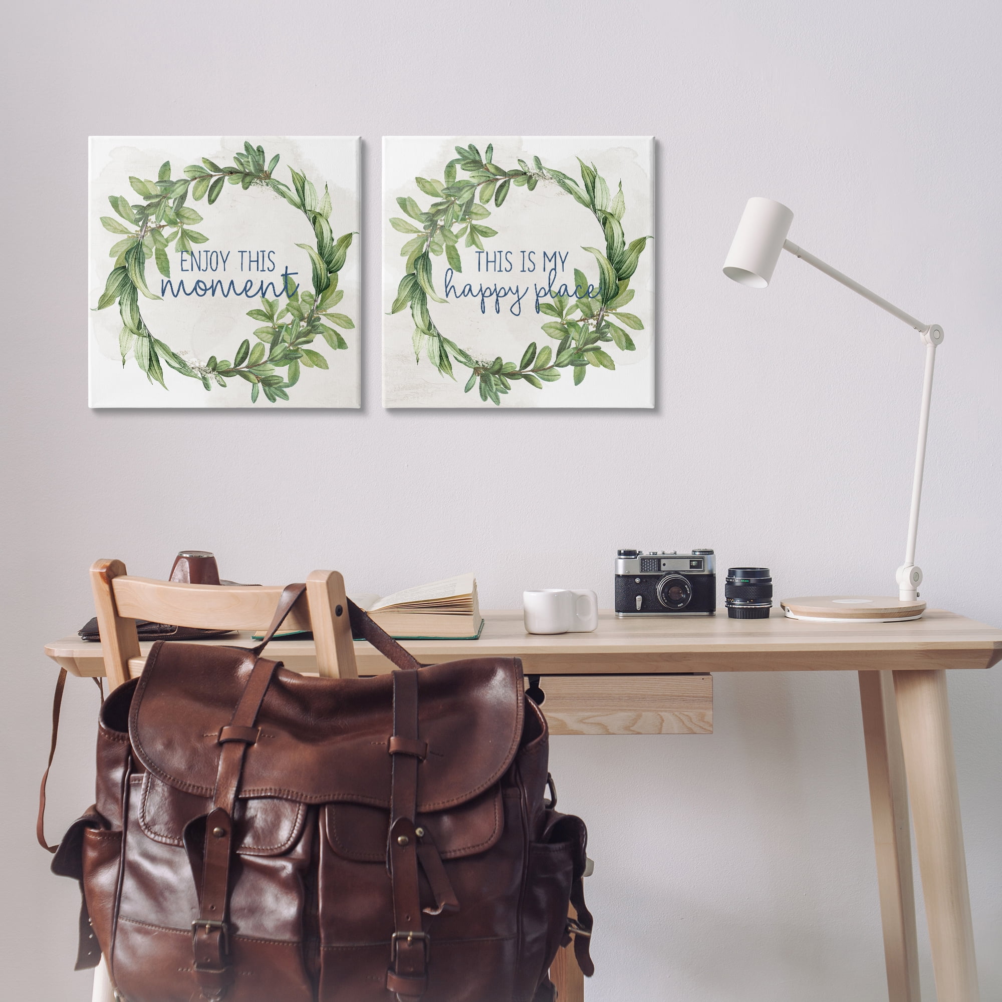 Stupell Industries Enjoy Happy Greenery Wreath Text & Numbers Painting Wrapped Canvas Art Print Wall Art, 17 x 17, Set of 2