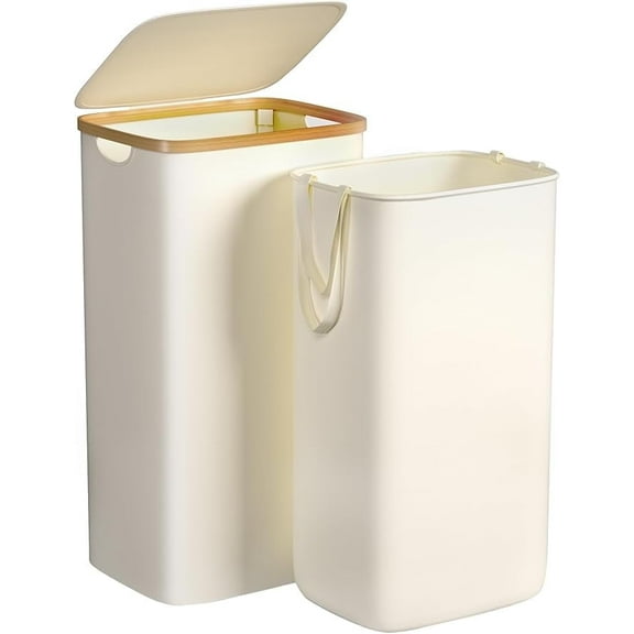 Large Laundry Hamper, 100L Waterproof Laundry Basket with Lid and Removable Bag, Collapsible Tall Clothes Hamper with Bamboo Handles for Clothes Toys in Dorm Bedroom Bathroom, Beige