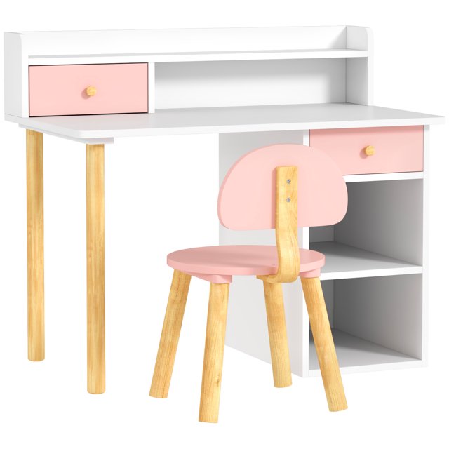 Pink MDF Study Table and Chair Set for Ages 3-8 | Expansive 33.5" Desk with 2 Drawers & Shelves | Safe Rounded Corners | Promotes Organization & Good Posture | 28.7" H