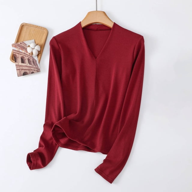 VgaVtl T-Shirts Femmes Manches Longues Col en V Hauts Femmes Grande Taille Rouges Camisoles Décontractées Couleur Unie Amples Basiques, TG