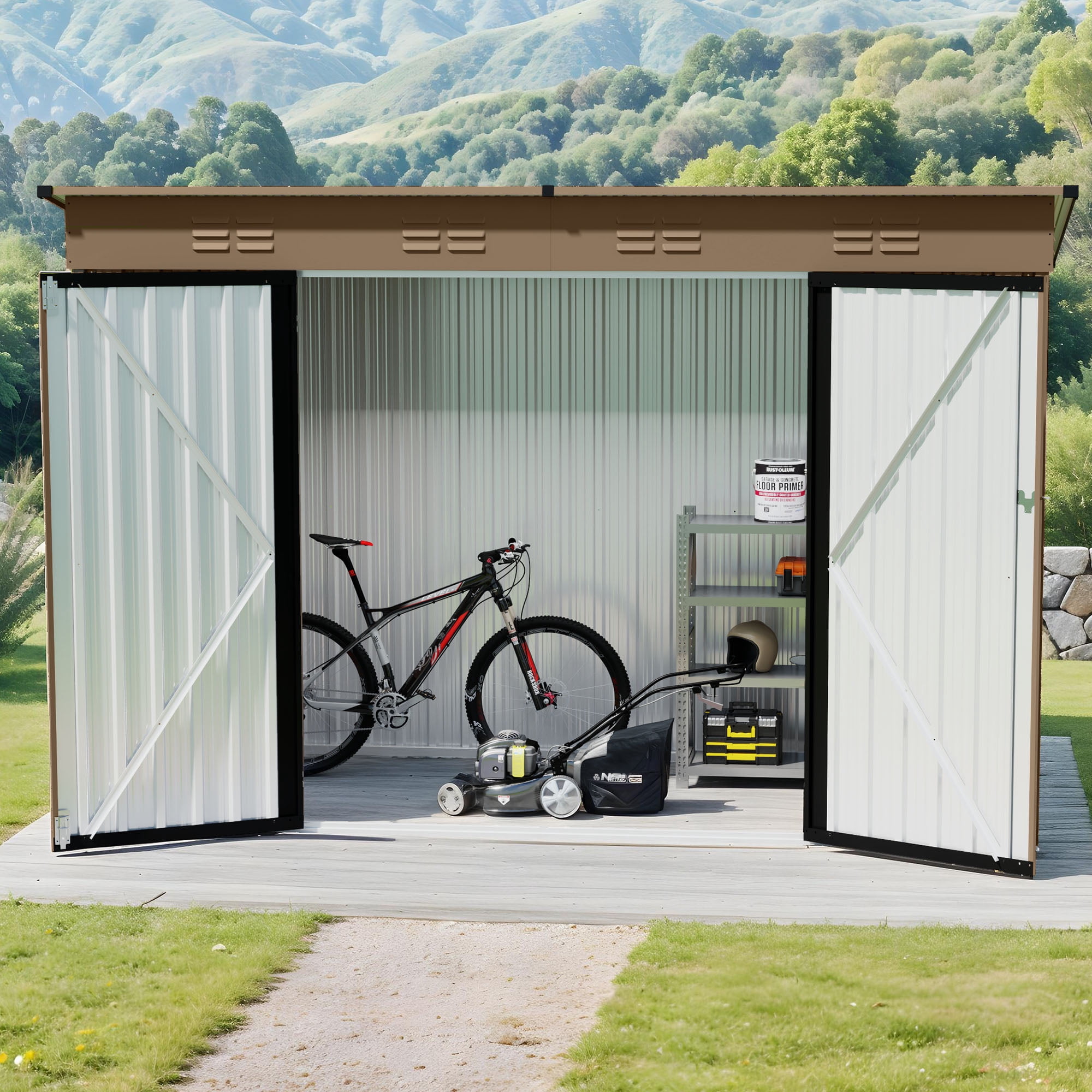 Uforic Oversized Steel Storage Shed with Ventilation, Lockable Doors, and Sloped Roof for Outdoor, Brown