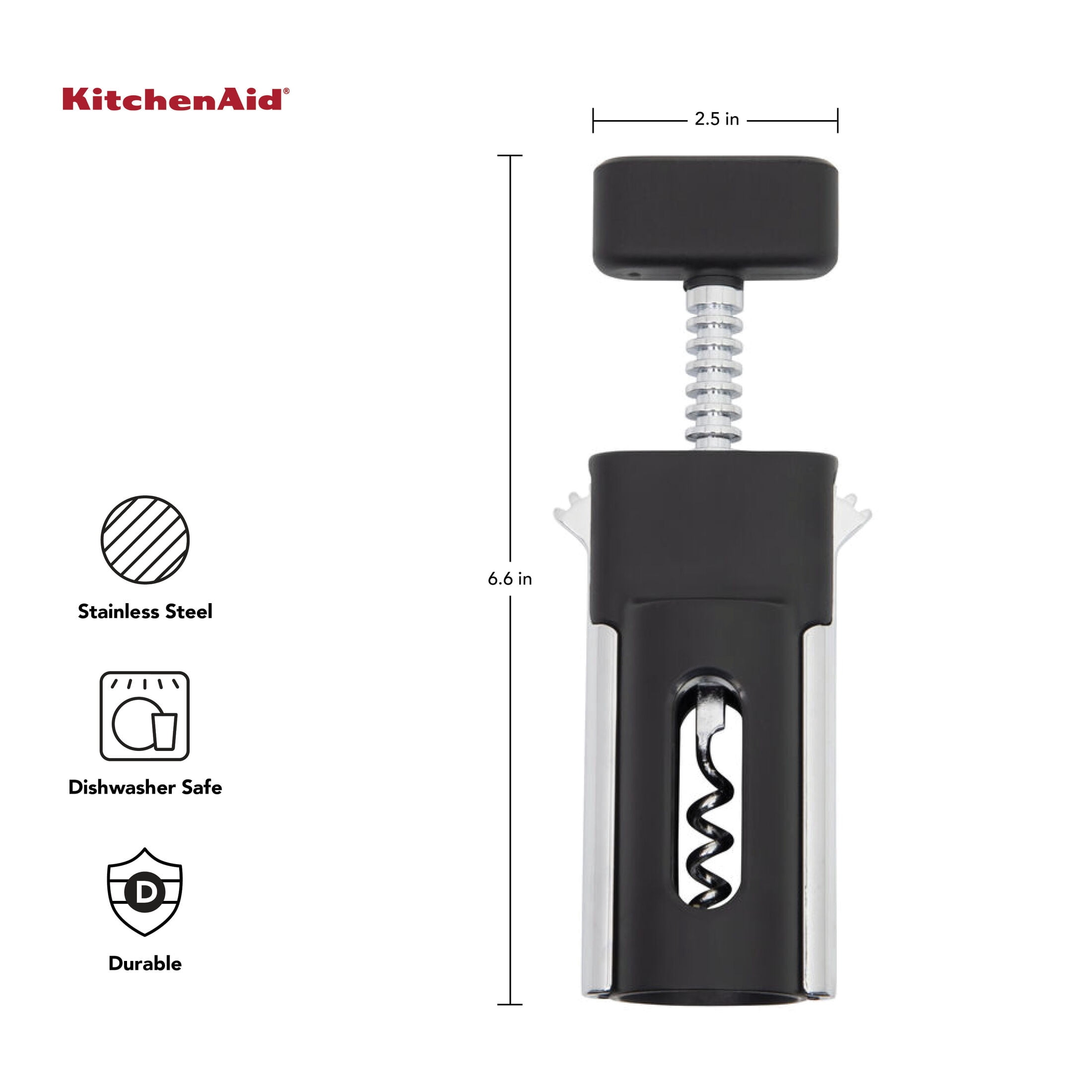 KitchenAid Heavy Duty Corkscrew Wine Bottle Opener with Soft Grip, Black