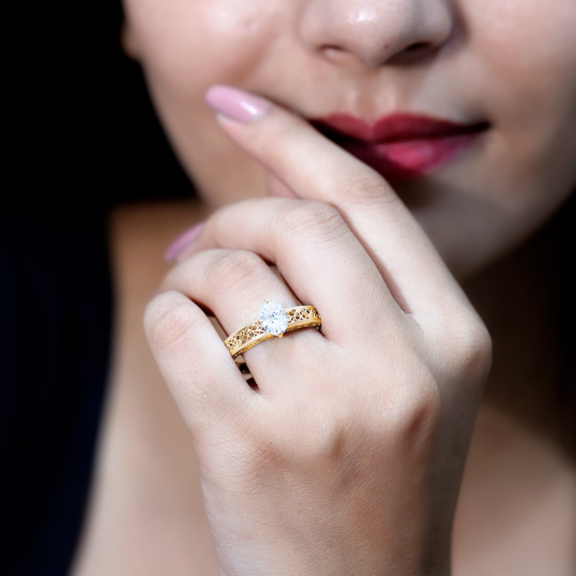 Rosec Jewels Vintage Inspired Lab Diamond Oval Engagement Ring - 1 Carat - Ready To Gift for Women, 10K Yellow Gold, US 9.00