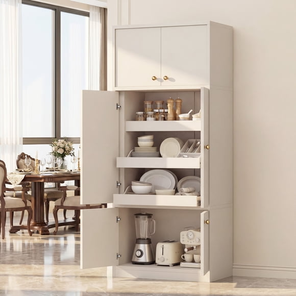 OMCMUU Armoire de Rangement de Cuisine de 71 Pouces de Hauteur avec 3 Tiroirs et 2 Armoires à Double Porte, Garde-Manger Autoportant de 31,5 Pouces de Large avec 5 Étagères pour Salle à Manger et Salon (Blanc)