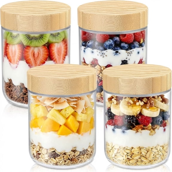 4 Pack 16oz Overnight Oats Containers with Bamboo Lids, Glass Storage Jars with Airtight Lid, Wide-Mouth Mason Salad Jars, Glass Food Storage Containers for Snacks, Yogurt, Spices, and Sugar