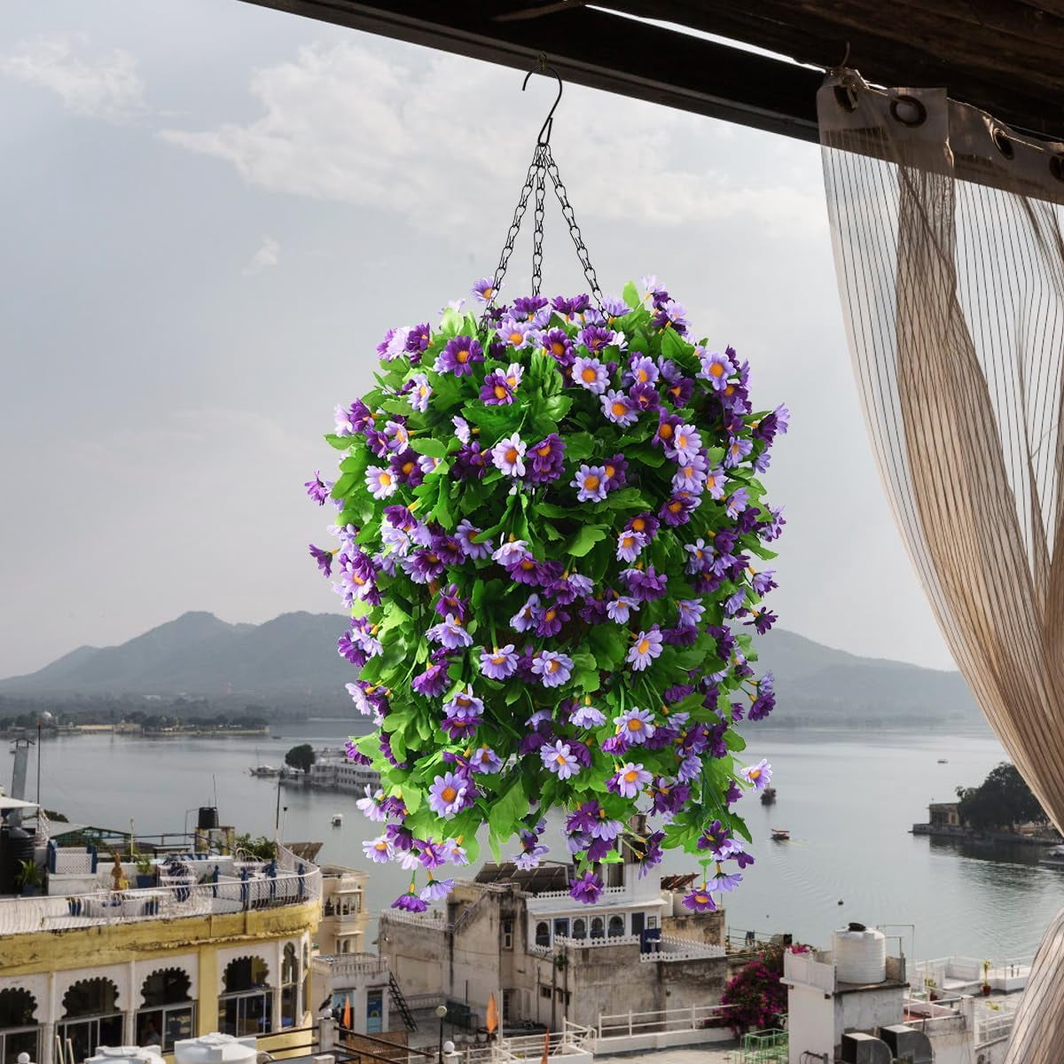 Artificial Silk Flowers in Hanging Basket Outdoor Indoor Garden Decor, Artificial Hanging Plant in Basket, Hanging Daisy Flowers with 12inch Coconut Lining Chain Palm Flowerpot(Pink)