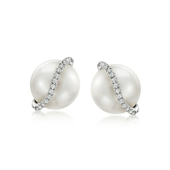 Ross-Simons 8-8.5mm Cultured Pearl and Diamond Swirl Earrings in Sterling Silver, Women's, Adult