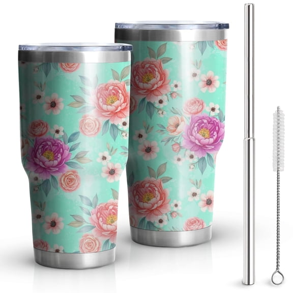 30oz Pioneer Flower Floral Print Pattern Tumbler, Double Wall Vacuum Insulated Cup, BPA-Free Leak Proof Lid & Reusable Straws, Hot 12h, Cold 34h