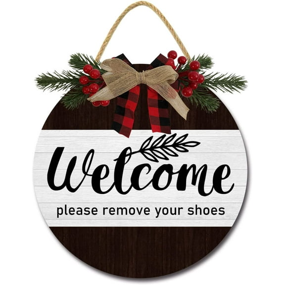 Eveokoki 12" Welcome Please Remove Your Shoes for Front Door Farmhouse Porch ,Rustic Round Wooden Hanging Wreaths for Housewarming gift Christmas Festival Decoration Outdoor Indoor Wall Decor