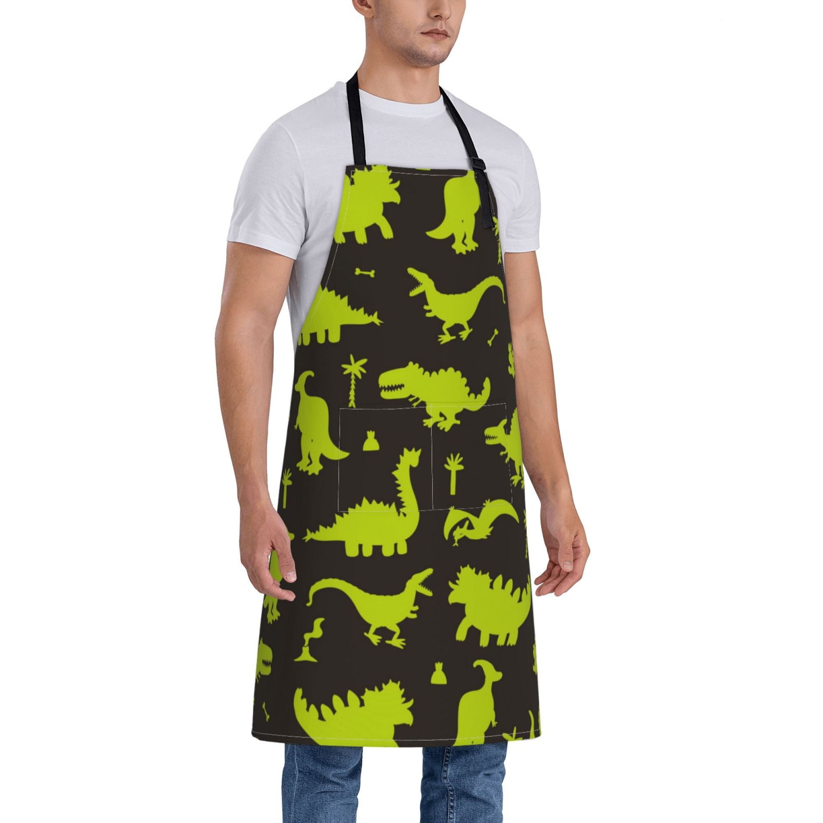 Kdxio Cute Cartoon Dinosaurs Green Silhouette Pattern Apron with Pockets Adjustable Kitchen Aprons for Men Women Waterproof Aprons for Cooking,Drawing,Crafting, Baking Household Cleaning