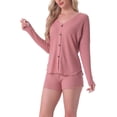 thumbnail image 4 of Conjunto de pijama de waffle para mujer INSPIRE CHIC, conjunto de lounge de punto, blusa de manga larga con botones y pantalones cortos, ropa de casa a juego XL Rosa, 4 of 6