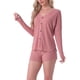 thumbnail image 4 of Conjunto de pijama de waffle para mujer INSPIRE CHIC, conjunto de lounge de punto, blusa de manga larga con botones y pantalones cortos, ropa de casa a juego XL Rosa, 4 of 6
