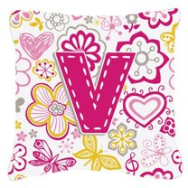 Carolines Treasures CJ2005-VPW1818 Letter V Flowers And Butterflies Pink Canvas Fabric Decorative Pillow